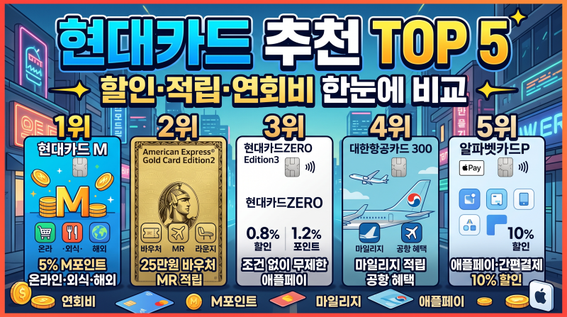 현대카드추천 TOP 5 — 할인·적립·연회비 한눈에 비교 (M포인트부터 대한항공 마일리지까지)