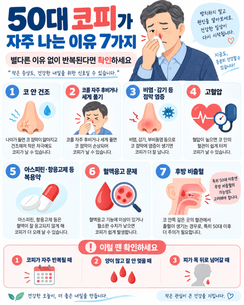 50대 코피가 자주 나는 이유 7가지, 별다른 이유 없이 반복된다면 확인하세요