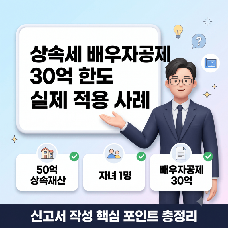 상속세 배우자공제 30억 한도 실제 적용 사례, 50억 상속재산 자녀 1명 배우자공제액과 신고서....