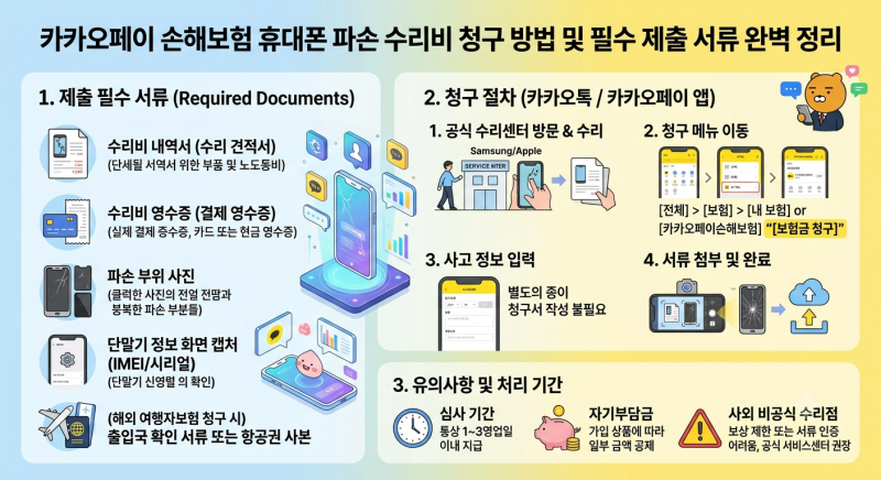 카카오페이 손해보험 휴대폰 파손 수리비 청구 방법 및 필수 제출 서류 완벽 정리