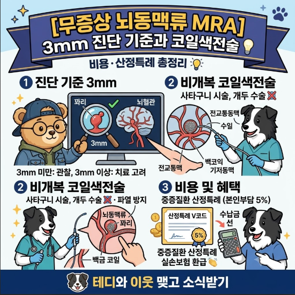 [무증상 뇌동맥류 MRA] 3mm 진단 기준과 코일색전술 비용·산정특례 총정리
