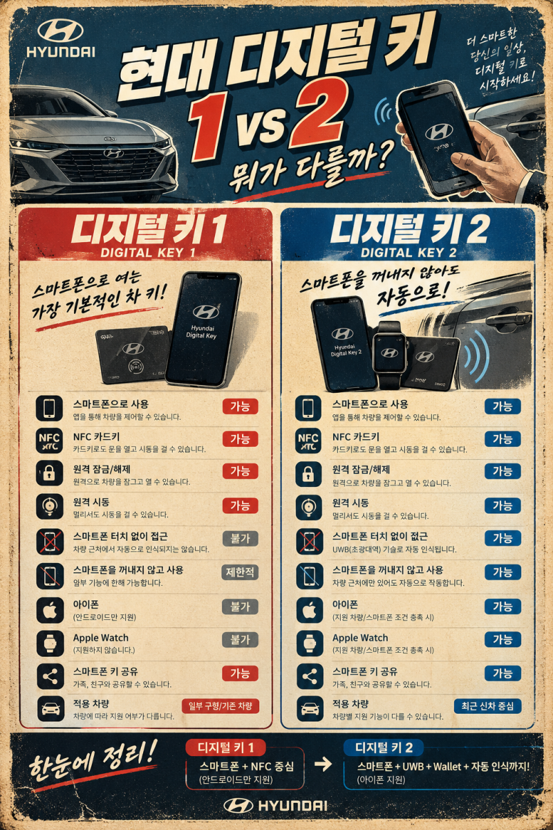 현대차 디지털키1·디지털키2 차이 완벽정리