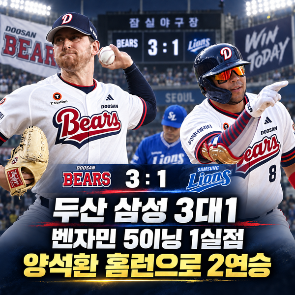 두산 삼성 3대1｜벤자민 5이닝 1실점, 양석환 홈런으로 2연승