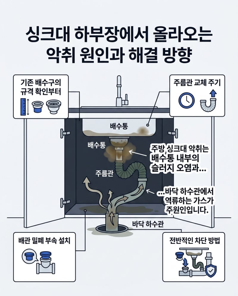 싱크대 배수구 교체와 냄새 악취 차단 방법