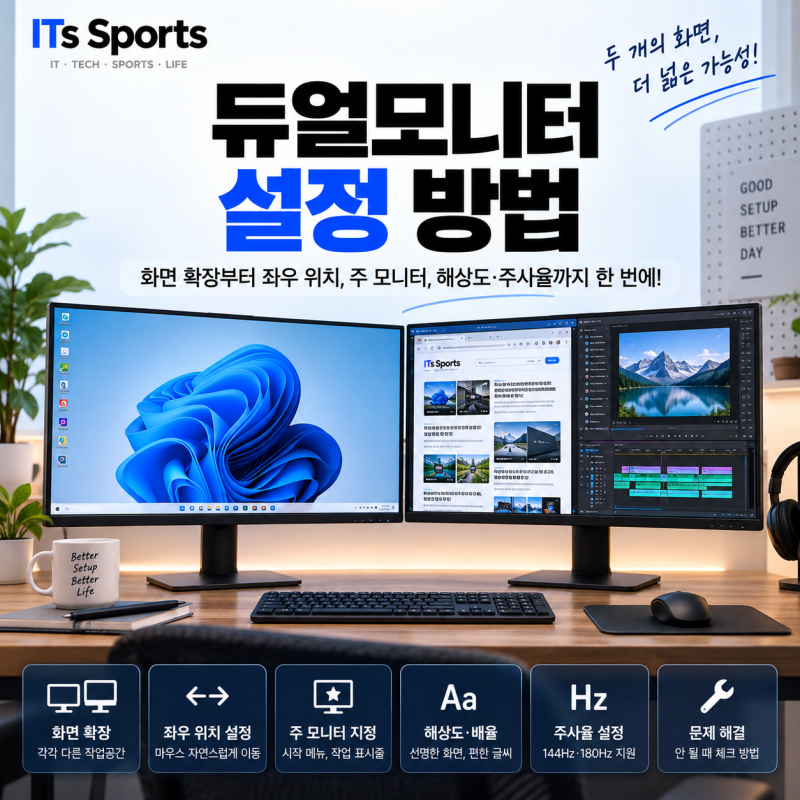 듀얼모니터 설정 방법, 화면 확장·좌우 위치·주 모니터·해상도 한 번에