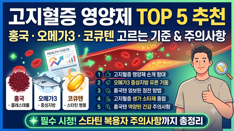 고지혈증 영양제 TOP 5 추천 — 홍국·오메가3·코큐텐 고르는 기준과 복용 주의사항 총정리