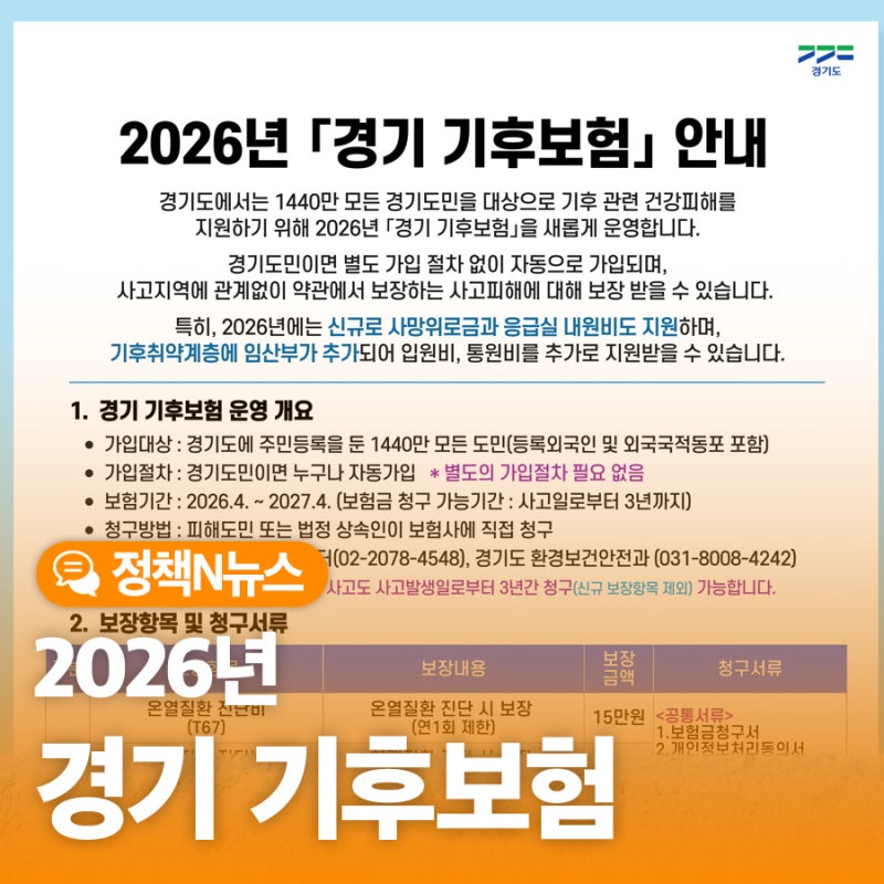 2026년 『경기 기후보험』 안내(신규 지원 항목 안내 등)
