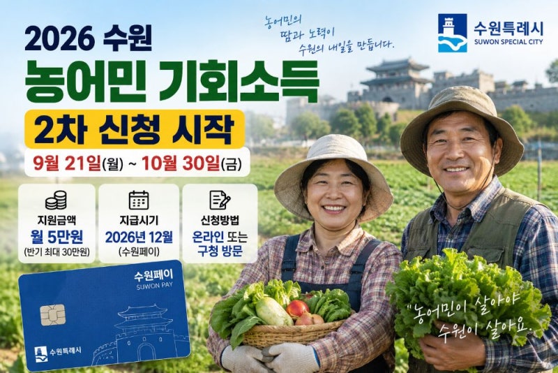 2026 수원 농어민 기회소득 2차 신청방법 월 5만원·최대 30만원 수원페이 지급