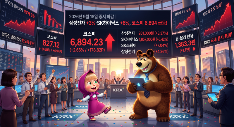 2026년 9월 18일 증시 마감｜삼성전자 +3%·SK하이닉스 +6%, 코스피 6,894 급등
