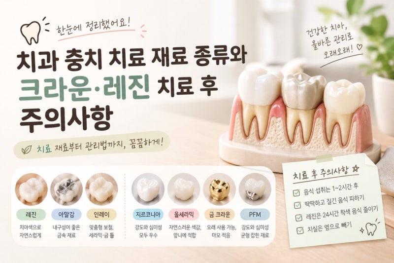 치과 충치 치료 재료 종류와 크라운 인레인 레진 치료 후 주의사항 총정리