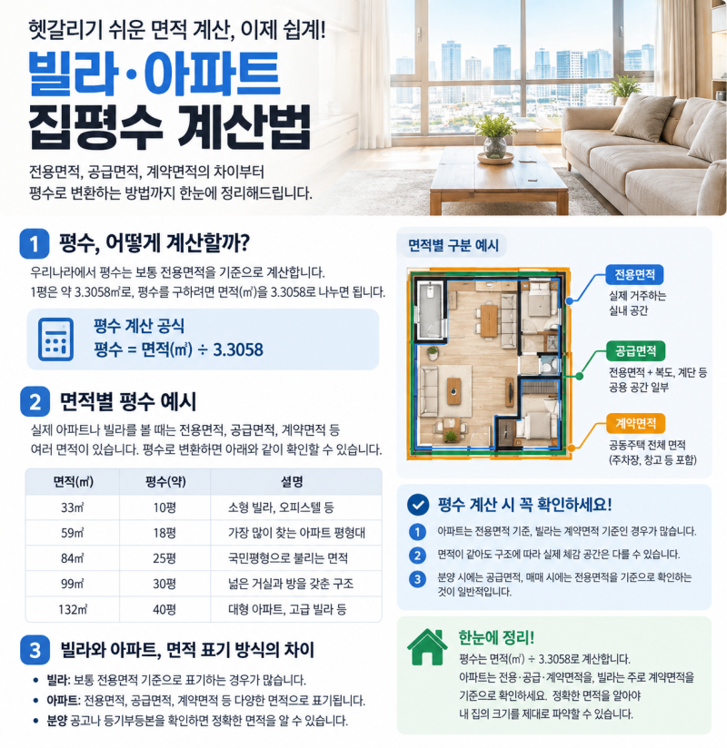 아파트 빌라 집평수 계산법｜㎡ 평 변환부터 평형 계산까지 쉽게 정리