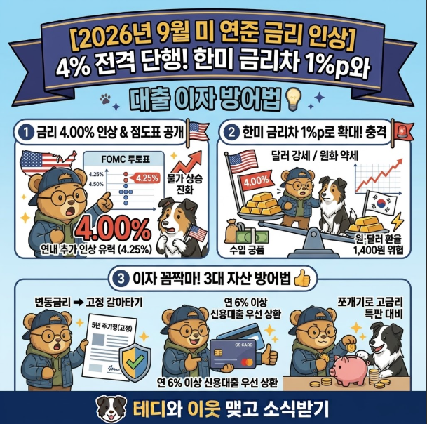 [2026년 9월 미 연준 금리 인상] 4% 전격 단행! 한미 금리차 1%p와 대출 이자 방어법