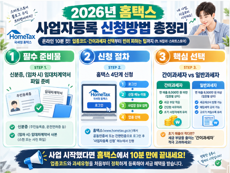2026년 홈택스 사업자등록 신청방법 총정리｜온라인 10분 신청부터 업종코드·간이과세자 선....