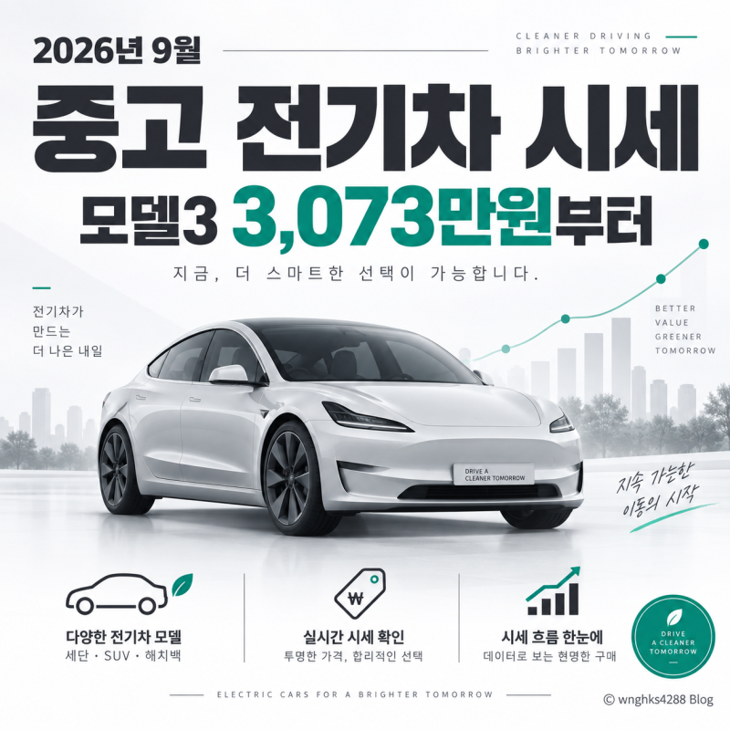 9월 중고 전기차 시세, 테슬라 모델3 3,073만원부터
