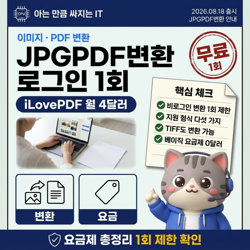 JPGPDF변환 로그인 없으면 1회, iLovePDF는 월 4달러