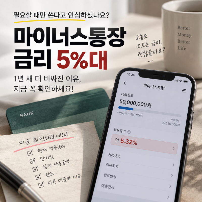 마이너스통장 금리 5%대까지 올랐다… 1년 전보다 비싸진 이유, 지금 꼭 확인하세요
