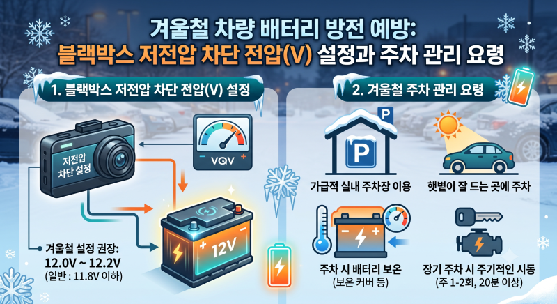 겨울철 차량 배터리 방전 예방: 블랙박스 저전압 차단 전압(V) 설정과 주차 관리 요령