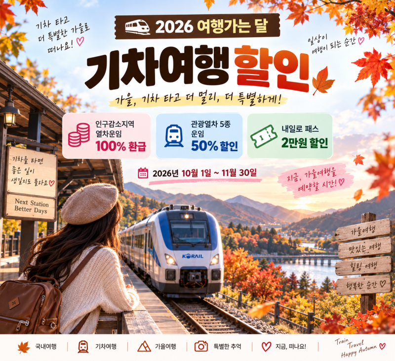 2026 여행가는 달 기차여행 할인 총정리｜열차운임 100% 환급·관광열차 50%·내일로 2만원