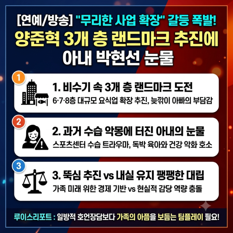 [연예/방송] "방어횟집 비수기인데 3개 층 랜드마크?" 양준혁 무리한 사업 확장에 19세 연하 아....