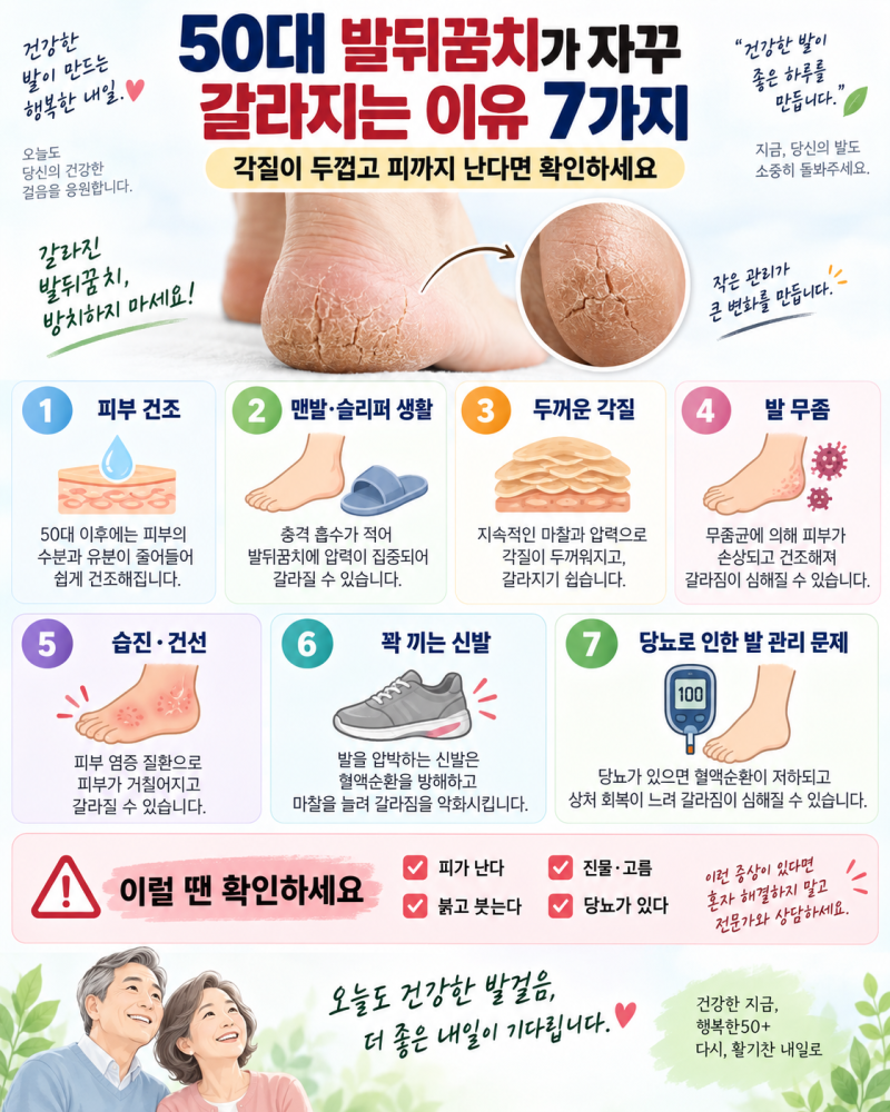 50대 발뒤꿈치가 자꾸 갈라지는 이유 7가지, 각질이 두껍고 피까지 난다면 확인하세요
