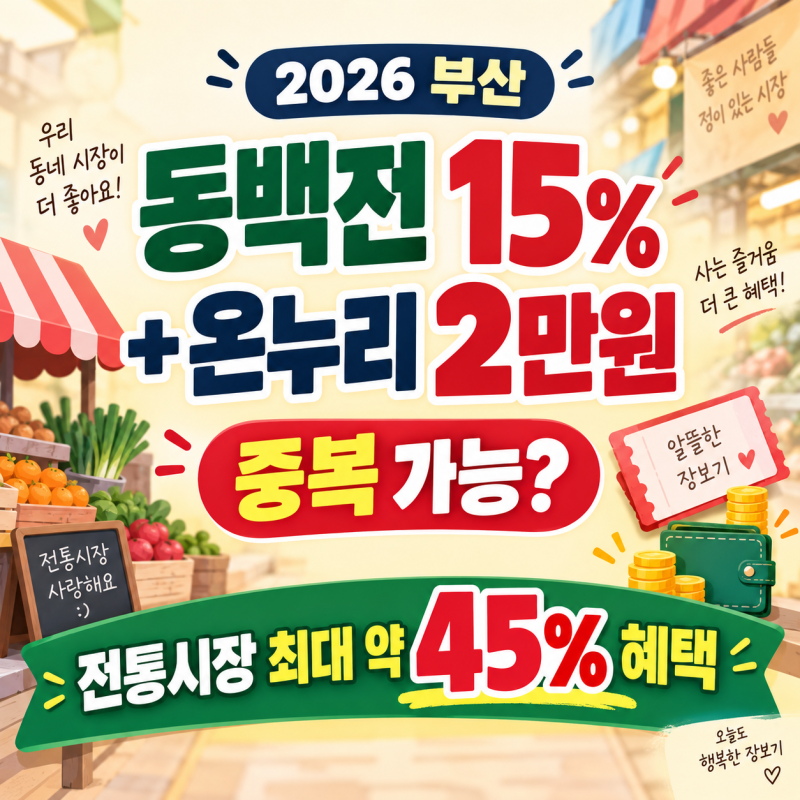 2026 부산 동백전 15% + 온누리 2만원 환급 중복 가능?｜전통시장 최대 약 45% 혜택