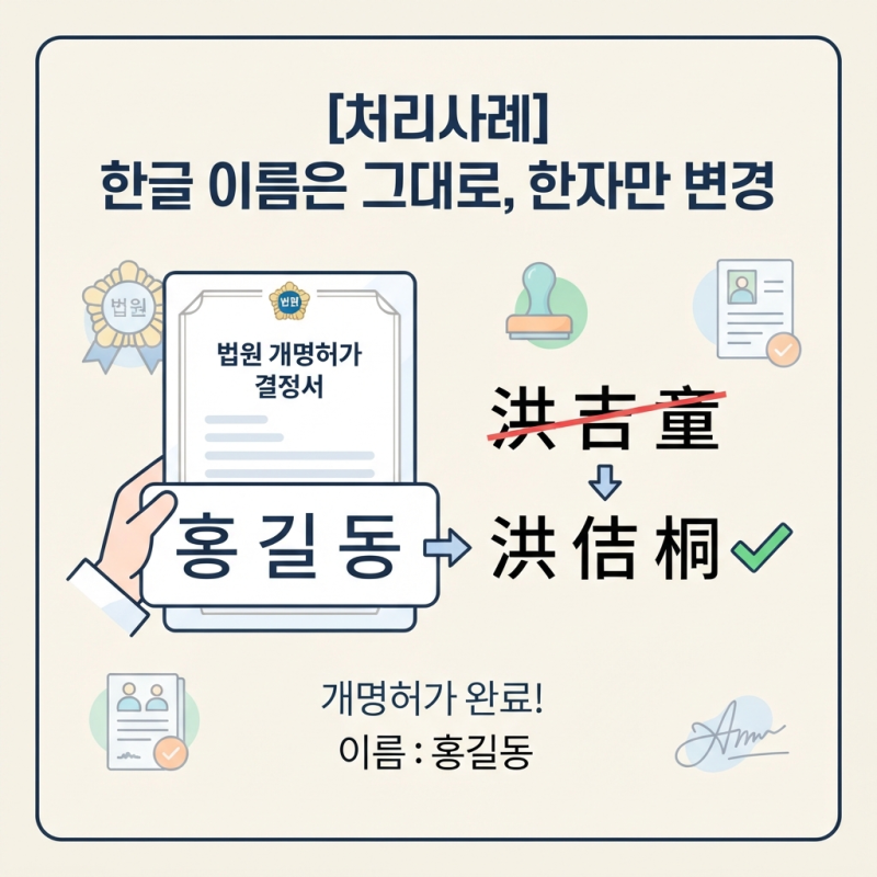 한글 이름은 그대로 두고 한자만 변경한 개명허가 신청 사례