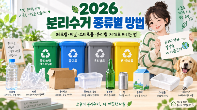 2026 분리수거 종류별 방법 총정리｜페트병·비닐·스티로폼·유리병 제대로 버리는 법