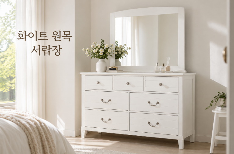 화이트 원목 서랍장, 깔끔한 침실 분위기에 잘 어울리는 수납가구