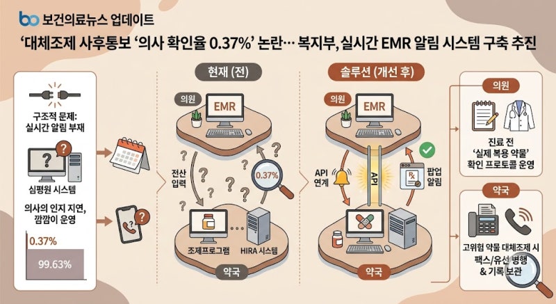 [보건의료뉴스 업데이트] 대체조제 사후통보 '의사 확인율 0.37%' 논란… 복지부, 심평원 연계 ....