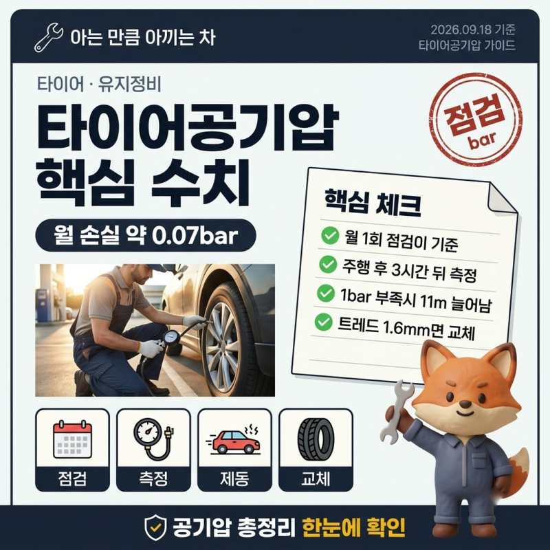 타이어공기압수치 매월 0.07bar 손실, 1bar 부족하면 제동거리 11m