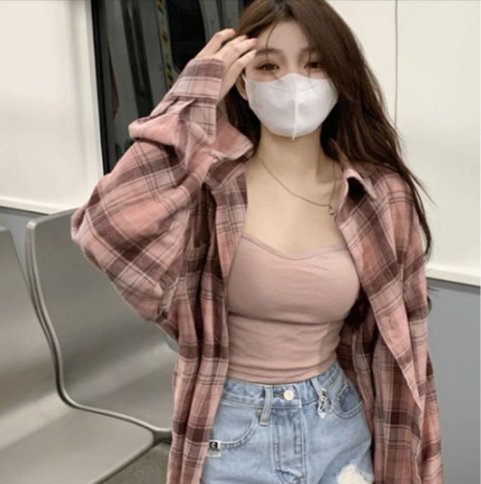 오버핏 체크 셔츠 핑크 데일리 블라우스 여성 가을 겨울 캐주얼룩