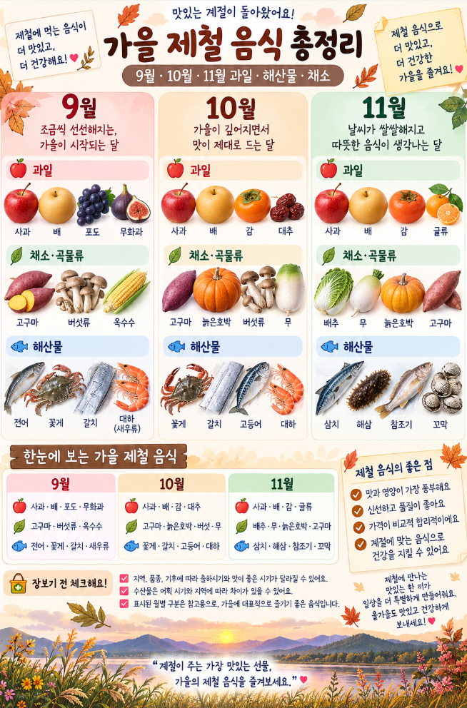 가을 제철 음식 총정리｜9월·10월·11월 과일·해산물·채소 뭐가 맛있을까?