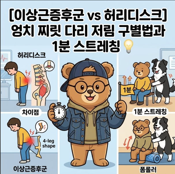 [이상근증후군 vs 허리디스크] 엉치 찌릿 다리 저림 구별법과 1분 스트레칭