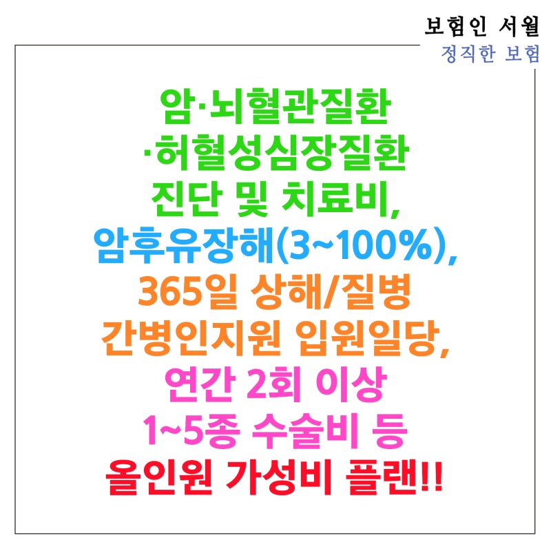 암·뇌혈관질환·허혈성심장질환 진단 및 치료비, 암후유장해(3~100%), 365일 상해/질병 간병인....