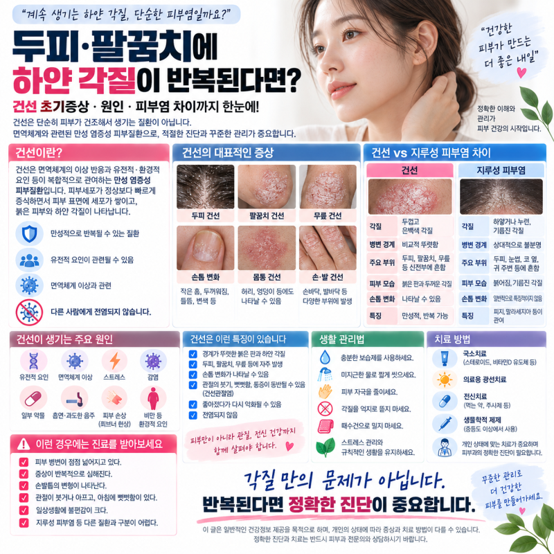 두피·팔꿈치에 하얀 각질이 반복된다면? 건선 초기증상·원인·피부염 차이·치료와 관리법....