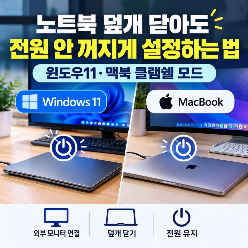노트북 덮개 닫아도 전원 안꺼지게 설정 윈도우 11 및 맥북 클램쉘 모드 가이드