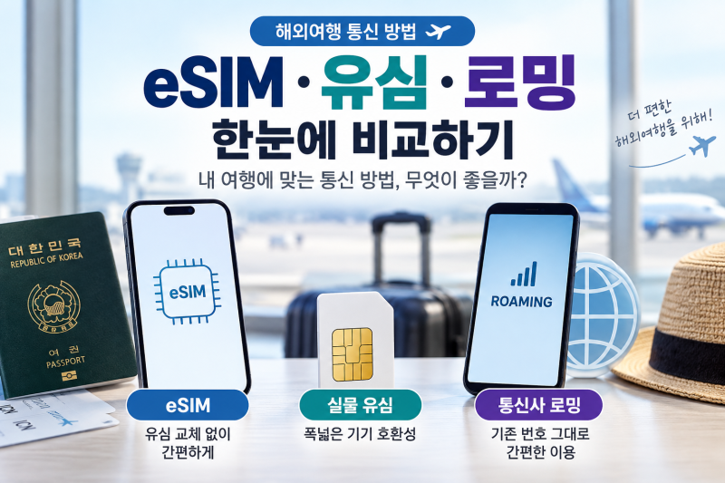 해외여행 eSIM vs 유심 vs 로밍 비교｜장단점·추천 상황 정리