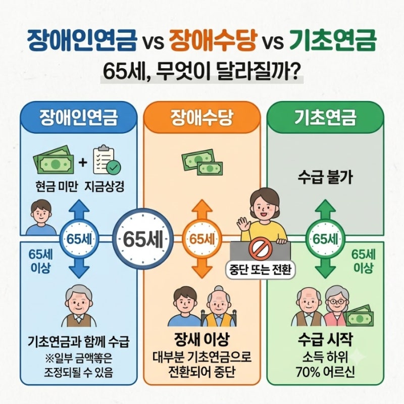 장애인연금 vs 장애수당 vs 기초연금65세가 되면 무엇이 달라질까?