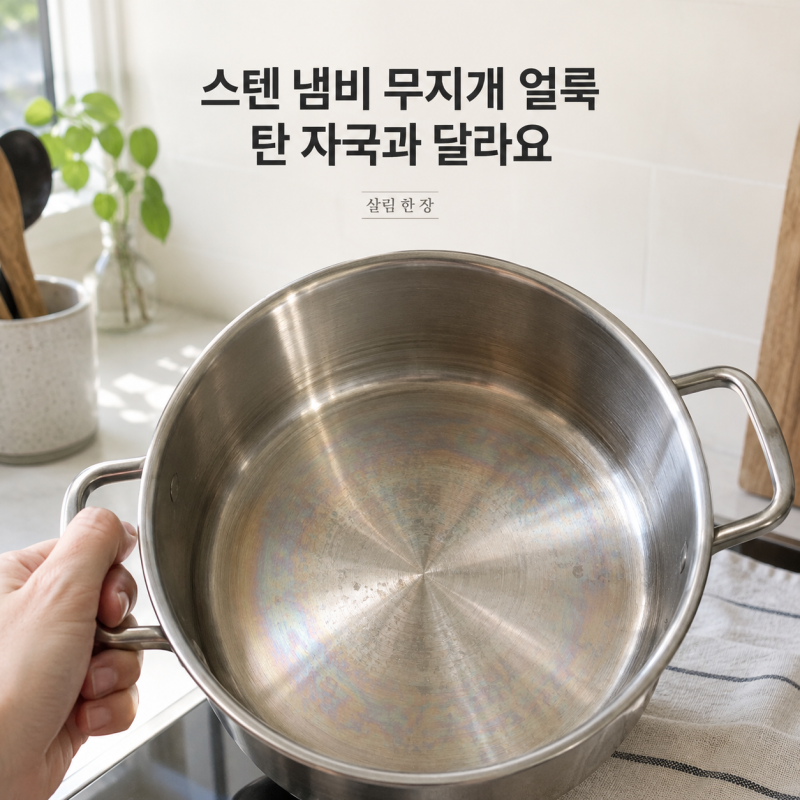스텐 냄비 무지개 얼룩, 탄 자국처럼 박박 닦고 있었다면