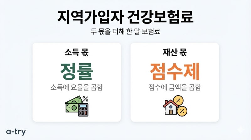 지역가입자 건강보험료 계산 기준 (소득은 요율로, 재산은 점수로 따로 계산됩니다)
