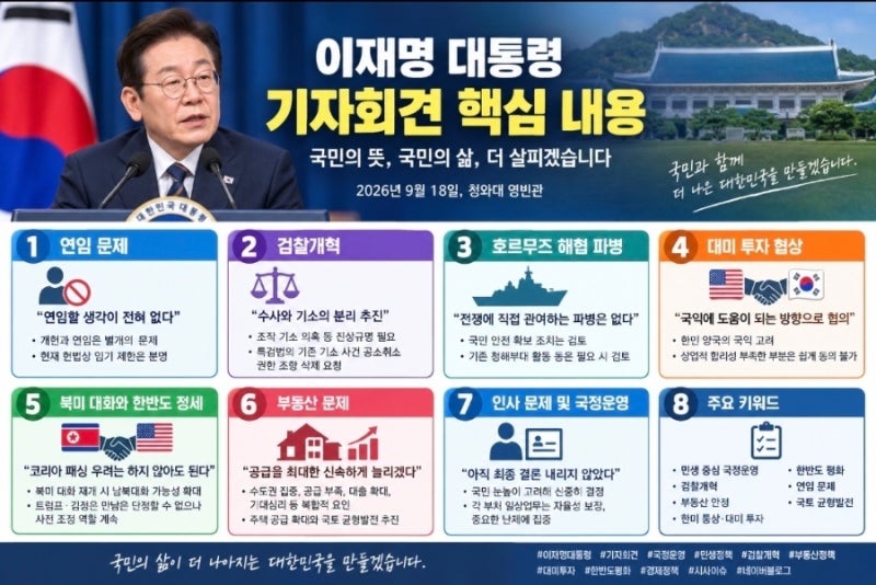 이재명 대통령 기자회견 핵심 내용 총정리｜연임·검찰개혁·부동산·대미투자·북미대화까....