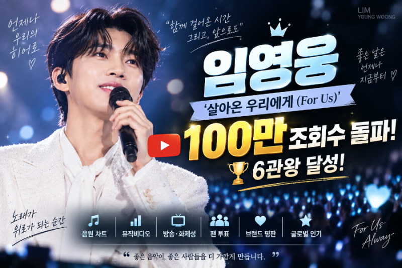 임영웅의 ‘살아온 우리에게(For Us)’ 음원 영상이 유튜브 조회수 100만 회를 돌파했습니다.