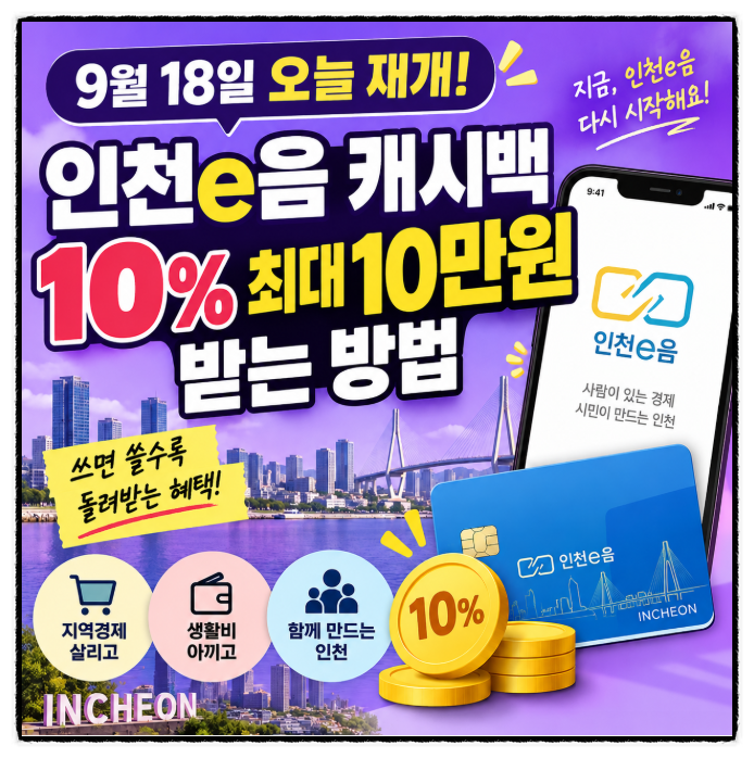 인천e음카드 캐시백 9월18일 오늘 재개, 10% 최대 10만 원 받는 방법