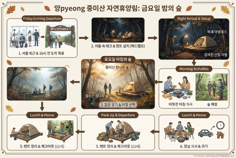 금요일 퇴근 후에도 가을 캠핑이 가능할까? 2026 양평 중미산에서 하룻밤 보내기
