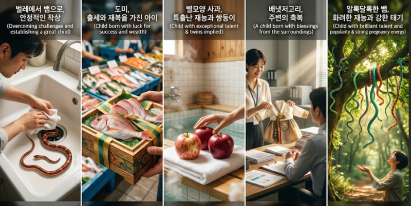 태몽(뱀꿈,물고기꿈,과일꿈,배냇저고리꿈,강아지꿈,암사자꿈)