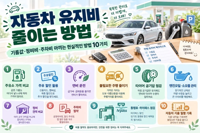 자동차 유지비 줄이는 방법｜기름값·정비비·주차비 아끼는 현실적인 방법 10가지