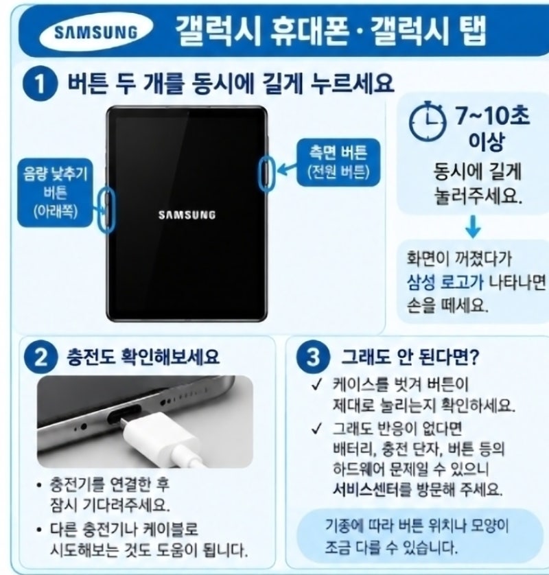휴대폰이나 갤럭시 탭이 갑자기 안 켜질때.