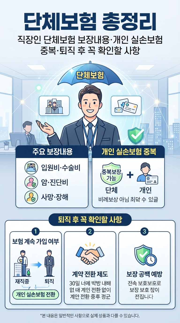 단체보험 총정리｜직장인 단체보험 보장내용·개인 실손보험 중복·퇴직 후 꼭 확인할 사항