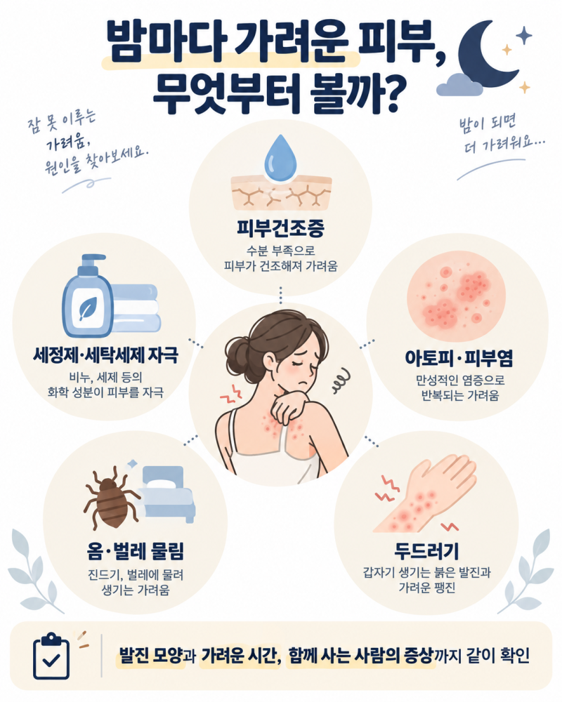 밤에 피부가 가려운 이유｜자려고 누우면 심해질 때 확인해야 할 원인