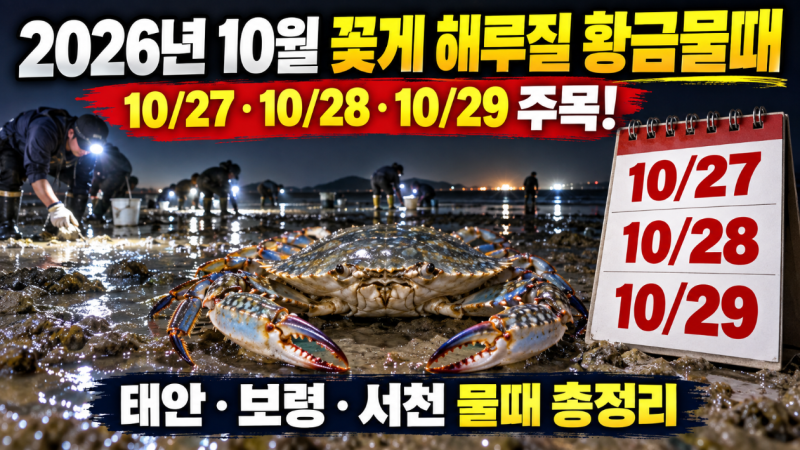 2026년 10월 꽃게 해루질 물때｜태안·보령·서천 황금물때 언제?